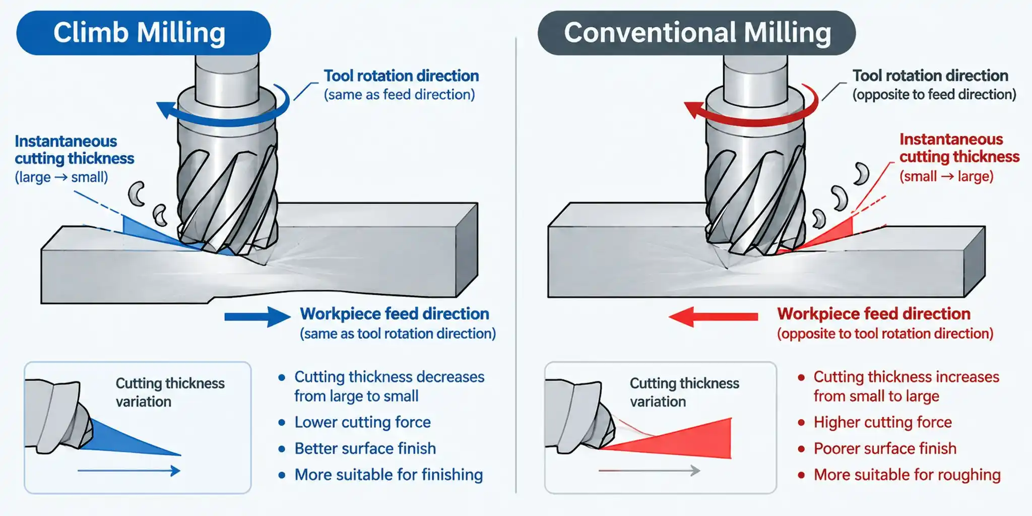 climb vs conventional milling cutting direction diagram